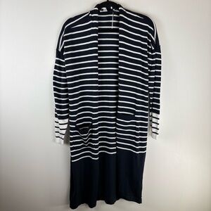 CAbi Boathouse Small Open Cardigan Blue White stripe Pockets Preppy sweater